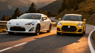 A professional and realistic automotive photograph of a white Toyota 86 and a ye