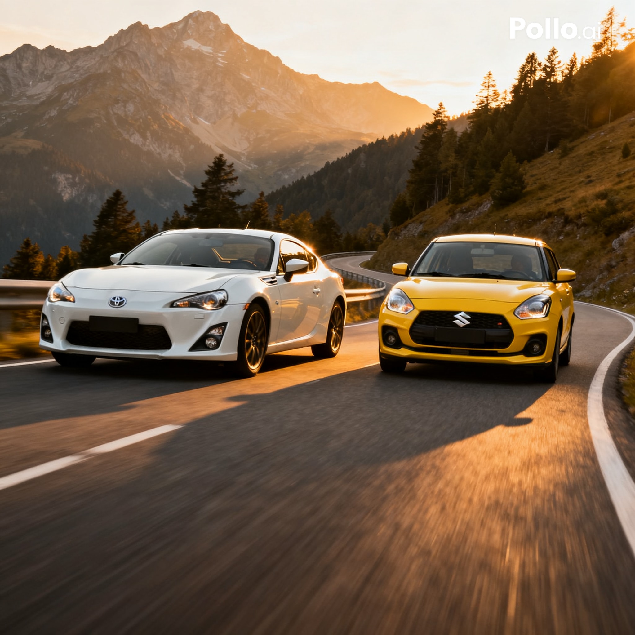 A professional and realistic automotive photograph of a white Toyota 86 and a ye