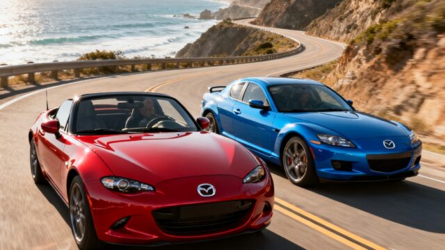 Prompt A professional and realistic automotive photograph of a red Mazda ND Roa